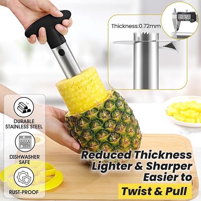 Premium Pineapple Corer and Slicer Tool - Pineapple Cutter with Sharp Serrated Tips - Easy to Use & Clean - Stainless Steel Core Remover for Pineapple - Slice and Core Fruits with Ease(Black)