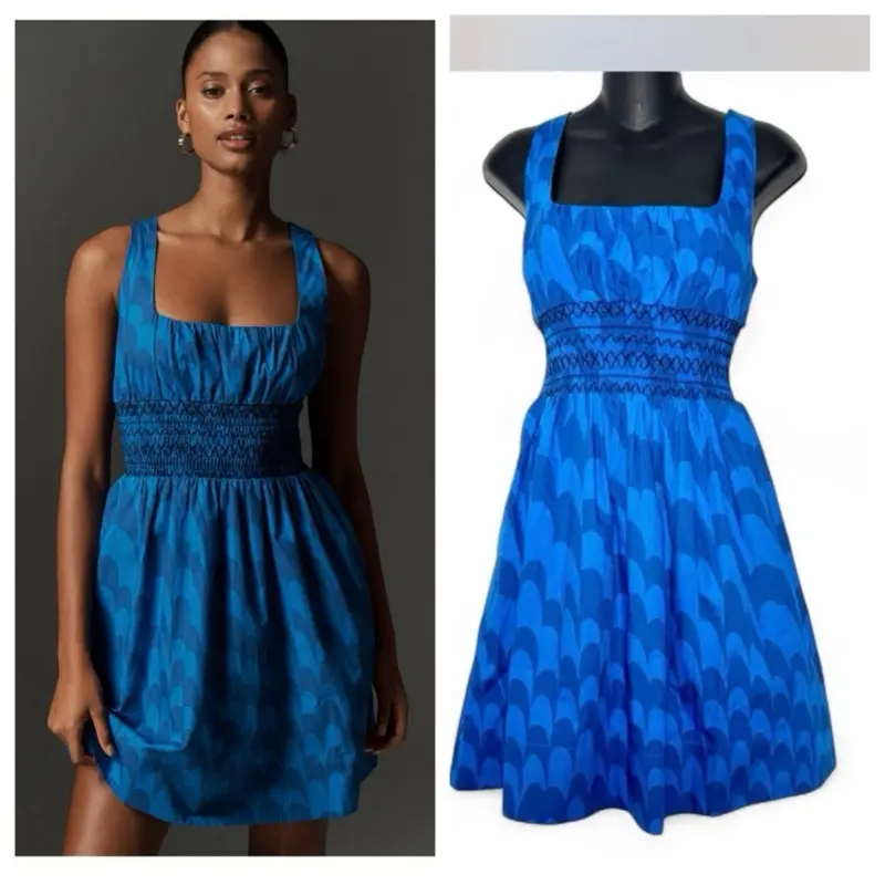 Anthropologie Maeve Mini Dress in Vibrant Royal Blue Size Small New with Tags Blue Wave Print Comfy Smocked Bodice Hidden Pockets Perfect Statement Dress for Wedding Guest or Vacation