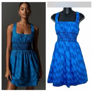 Anthropologie Maeve Mini Dress in Vibrant Royal Blue Size Small New with Tags Blue Wave Print Comfy Smocked Bodice Hidden Pockets Perfect Statement Dress for Wedding Guest or Vacation