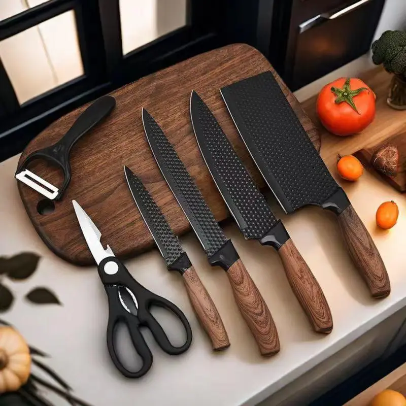 Stainless Steel Kitchen Knife Set, 1 Set Wooden Handle Knife & Scissor & Peeler, Kitchen Cutting Knife Set for Home Use, Kitchen Accessories