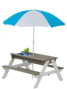 Donext Wooden Kids Picnic Table with Blue and White Umbrella 3-IN-1 Multi-Use Sand Water Table for Outdoor Play Unisex Cedar Wood CPSC Certified