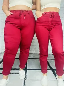 Judy Blue - "Mackenzie" Scarlet High-Waisted Double Cuff Denim Joggers judy blue