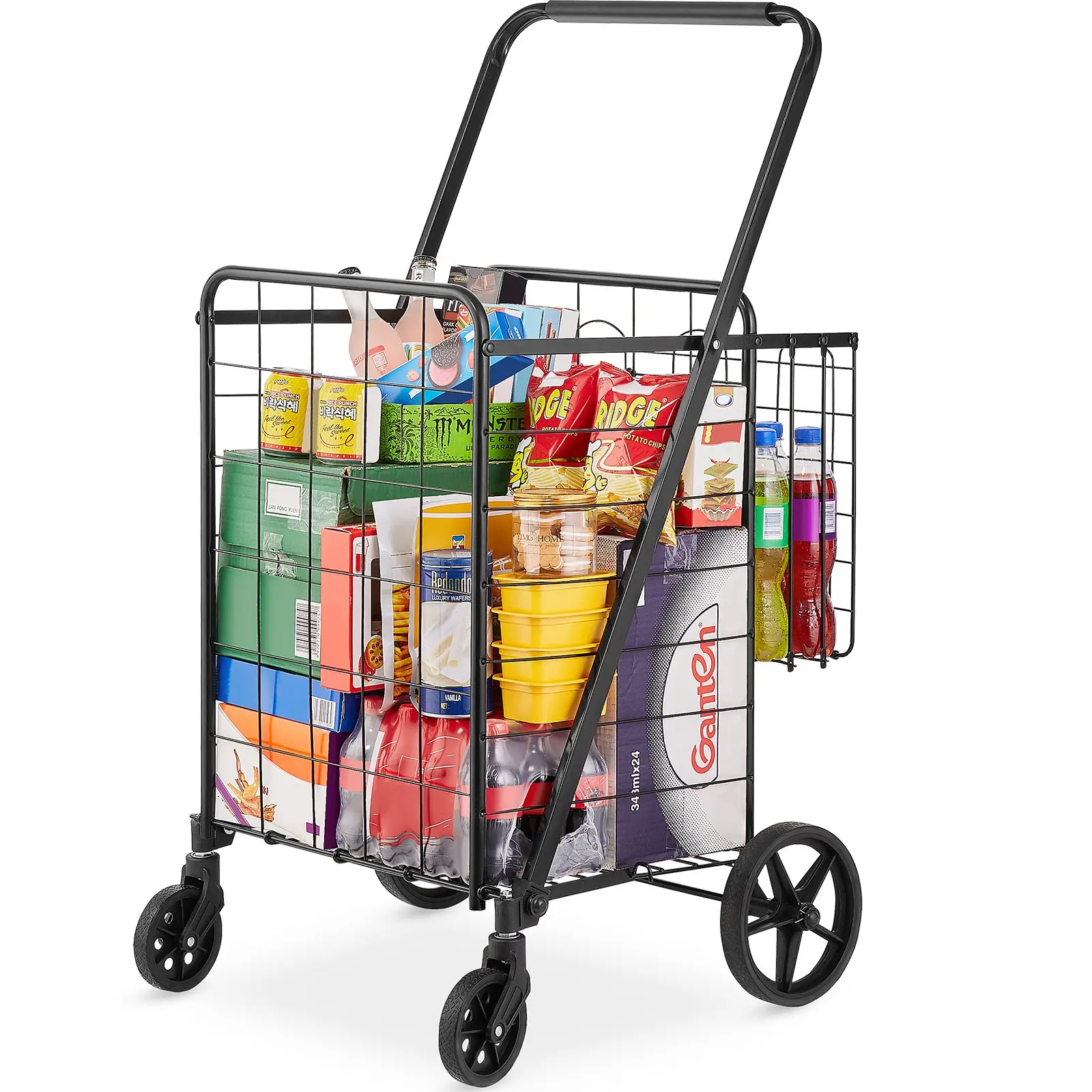 Folding Shopping Carts: Jumbo with Double Baskets & 360° Wheels, 110 LBS Capacity; & with Removable Waterproof Liner & Dense Mesh Base, 330 LBS Capacity, Both Heavy Duty for Laundry, Shopping, Grocery, Luggage