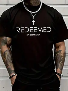 Men’s Black Christian T-Shirt, "REDEEMED" Cross & Ephesians 1:7 Scripture Graphic, Faith-Based Casual Inspirational Tee, Soft Breathable Fabric for Church, Daily Wear & Spiritual Gifts, Ideal for Believers & Bible Study Groups, Menswear