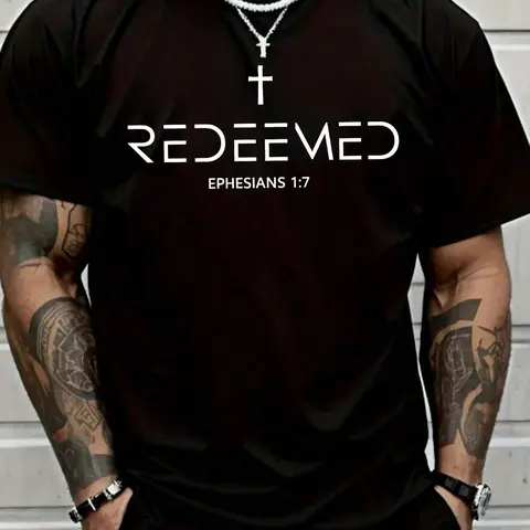 Men's Black Christian T-Shirt, Classic, Round Neck, 'REDEEMED' Cross & Ephesians 1:7 Scripture Graphic, Casual Letters Print, Faith-Based Casual Streetwear Tee, Soft Breathable Fabric for Church, Daily Wear, Believers