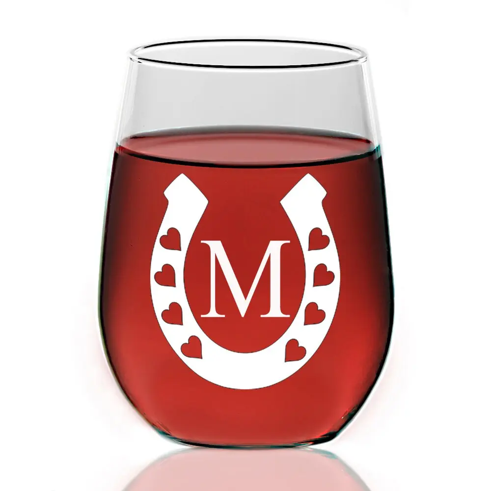 Personalized Lucky Horseshoe Monogram Stemless Wine Glass, Engraved Wine Glass,Monogram Wine glass,Wine glass Bridesmaid Gift,Groomsman Wine
