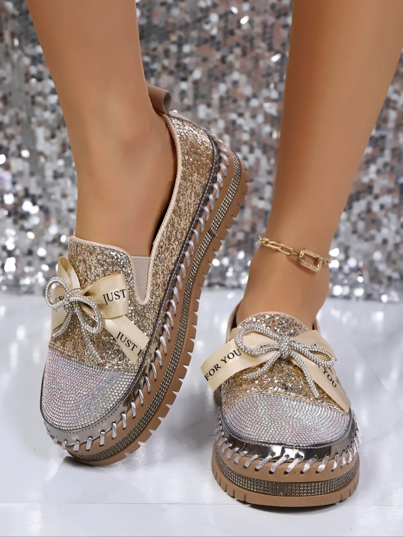 Women's Embroidered Rhinestone Shoes, Comfortable Daily Walking Shoes, Fashion Lightweight Casual Slip On Platform Shoes for Various Occasions