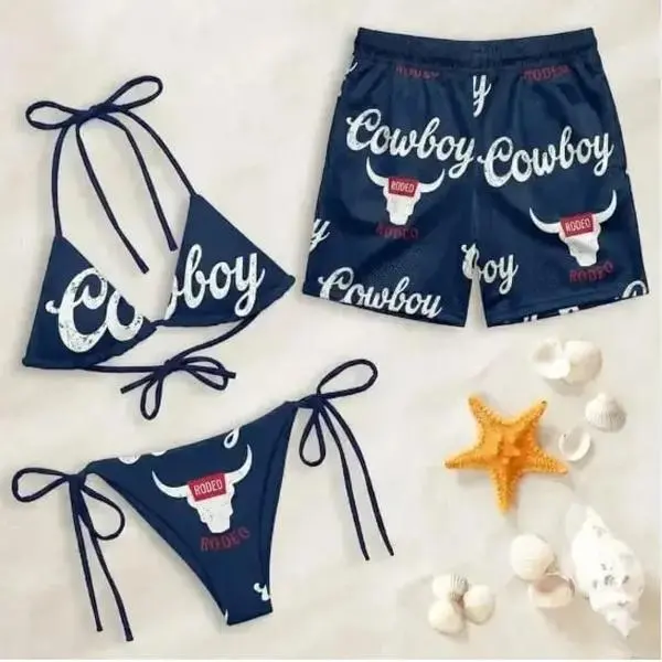 Cowboy Coors Swimsuits For Couples - Swim Bra & Tie Side Thong Bikini + Men's Beach Shorts, Summer Vacation Swimsuit, Hawaiian Short