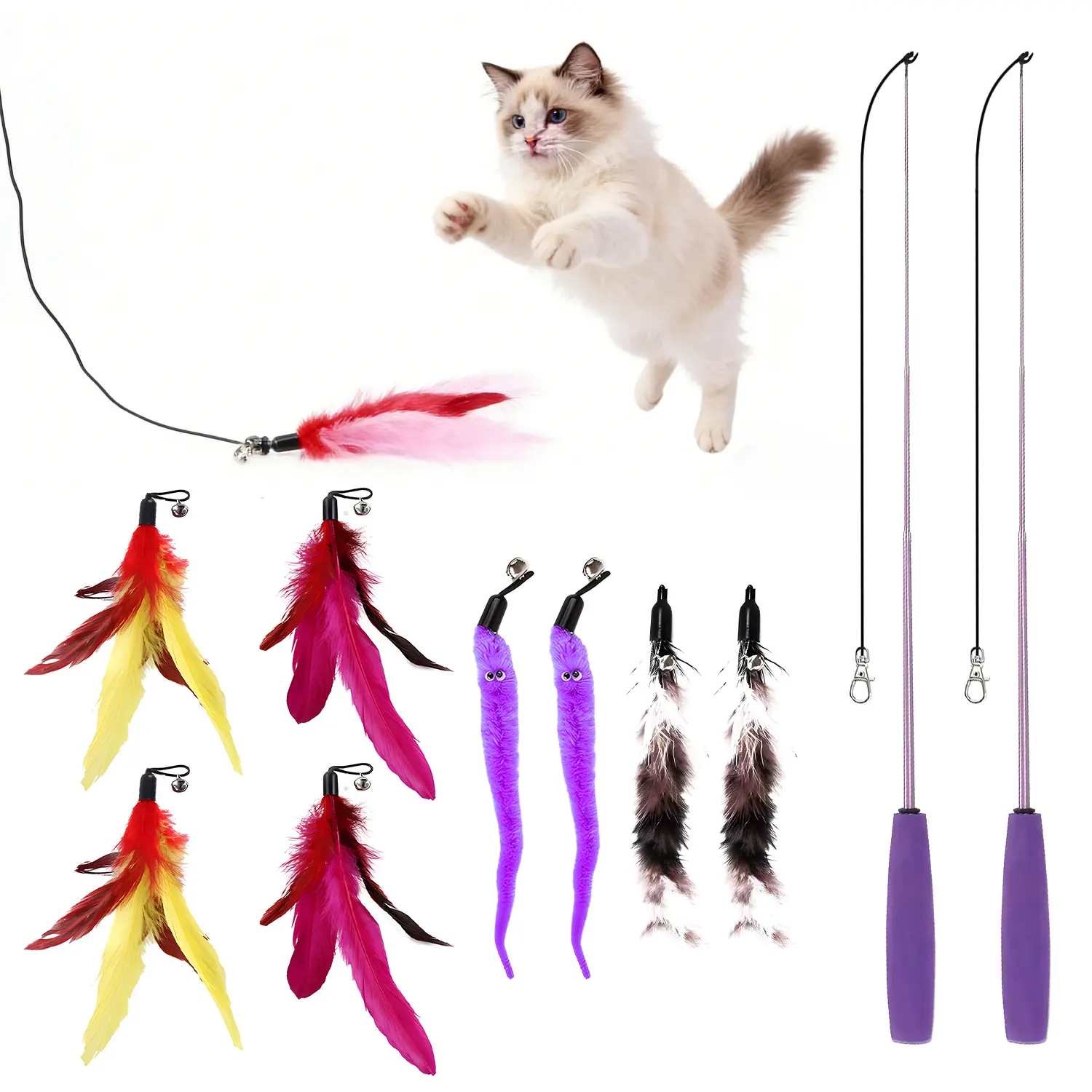 Feather Interactive Cat Wand Toy, Extra Long Sturdy Cat String Toy For Indoor Cats, Cat Fishing Pole Toy For Bored Indoor Adult Cats, On Stick Entertainment, Summervibes