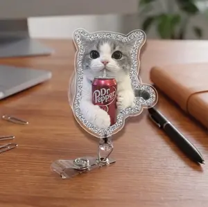 Cute Cat Badge Reel with Soda, Funny Nurse Badge Holder, Retractable ID Clip, Animal Badge Reel, Gift for Nurse CNA Doctor