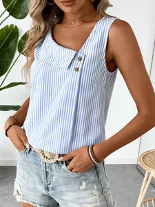 A women's fashionable multi-color striped casual V-neck sleeveless regular fit pullover T-shirt top, suitable for summer, appropriate for daily commuting, staying at homhopping, and other occasions.