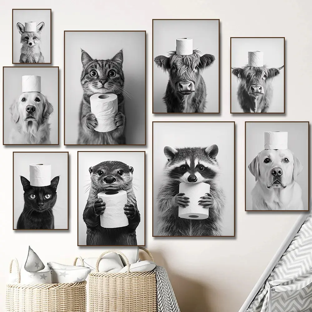 Eco-Friendly Artwork Poster Print Canvas Painting - Animal Wall Decor Pictures with Funny Highland Cow, Otter, Cat, Raccoon & Toilet Humor Design, Multi-Size High-Precision Bathroom Home Supply, Ideal Hanging Gift (8x12in/20x30cm)