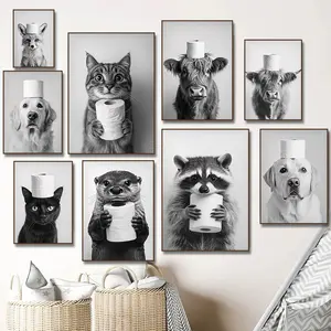 Highland Cow Otter Cat  Raccoon with Toilet Paper Poster Print Canvas Painting Bathroom Wall Art Funny Toilet Humor Home Decor