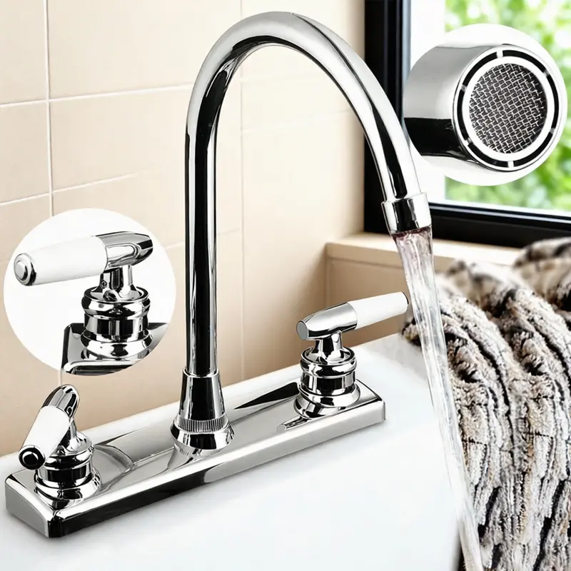 Polished Chrome Industrial Non-Metallic RV Plastic Kitchen Faucet, 8 in Centerset 2 or 3-Hole Camper Replacement, Dual Handles, 360° Swivel High-Arc Sprayer for Motorhome Sinks, 3 Chrome Styles Available