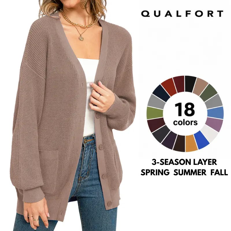 QUALFORT WOMEN'S 100% COTTON CARDIGAN SWEATER WITH POCKETS, SOFT AND BREATHABLE LONG SLEEVE V-NECK BUTTON-FRONT KNITWEAR FOR CASUAL EVERYDAY LAYERING, SPRING, FALL AND WINTER OUTFITS, TOPS, BASIC, KNITTING, LADY, CHIC, ELEGANT, BUTTON DOWN
