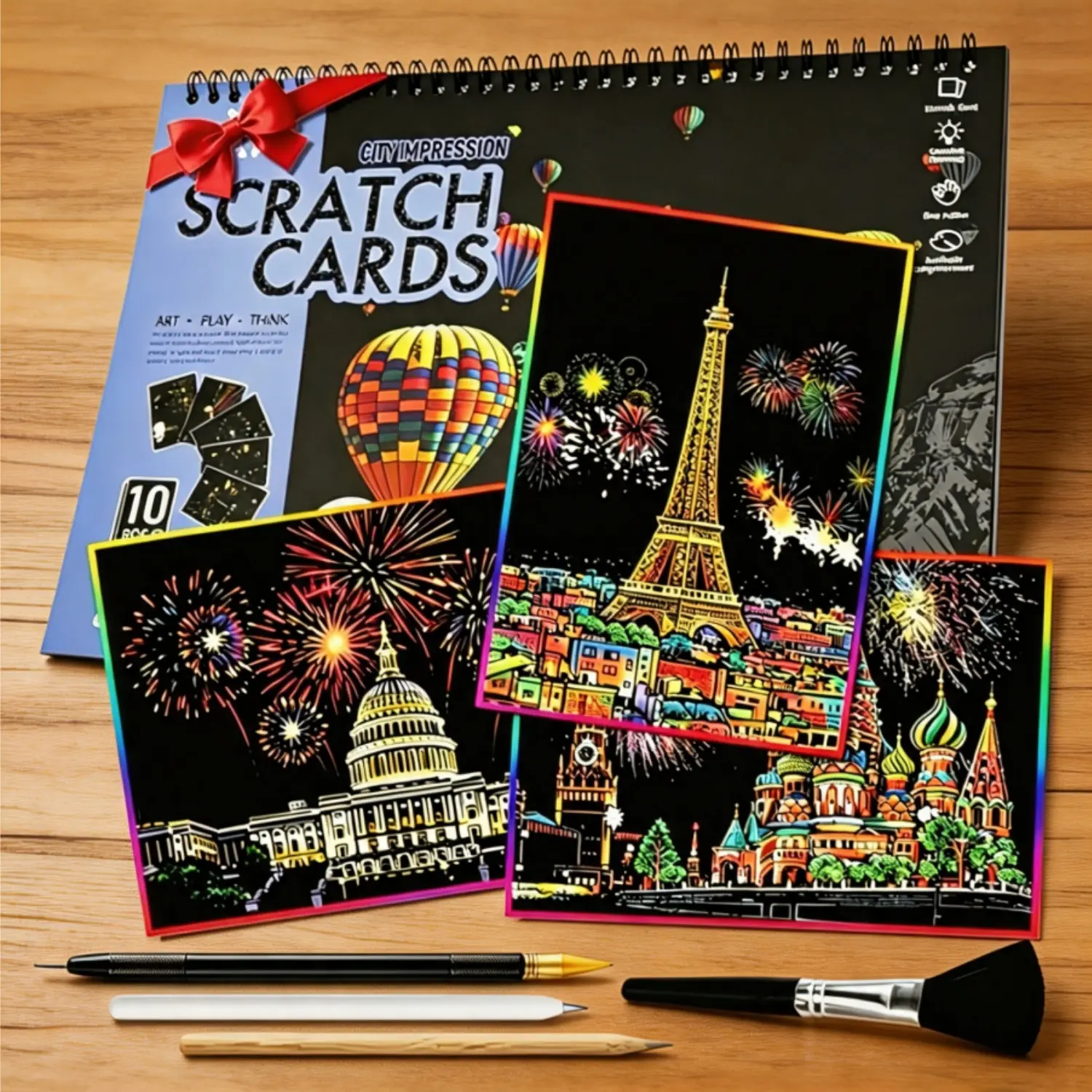 10Pcs A4-Size Colorful City Series Scratch Art Books for Adults Boys and Girls, Pre-Drawn Rainbow Cityscape Scratch Paper, Fun Handmade Craft Toy, Special Creative DIY Gift for Birthday/Christmas, Artsupplies
