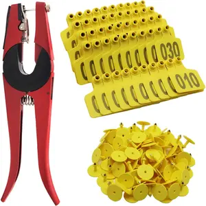 Cattle Ear Tags Numbered 001-100 with Pliers, Plastic Livestock Animal Ear Tag for Cows Goats Sheep Pigs Animal Identification Earring Tagger (Yellow)
