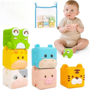 Animal Soft Baby Bath Toys,Silicone Squeeze Building Blocks Stacking Toys for 6+ Months Babies,Early Learning Touch Education Toys with Numbers Animals Fruits Texture Baby Gifts Easter Basket