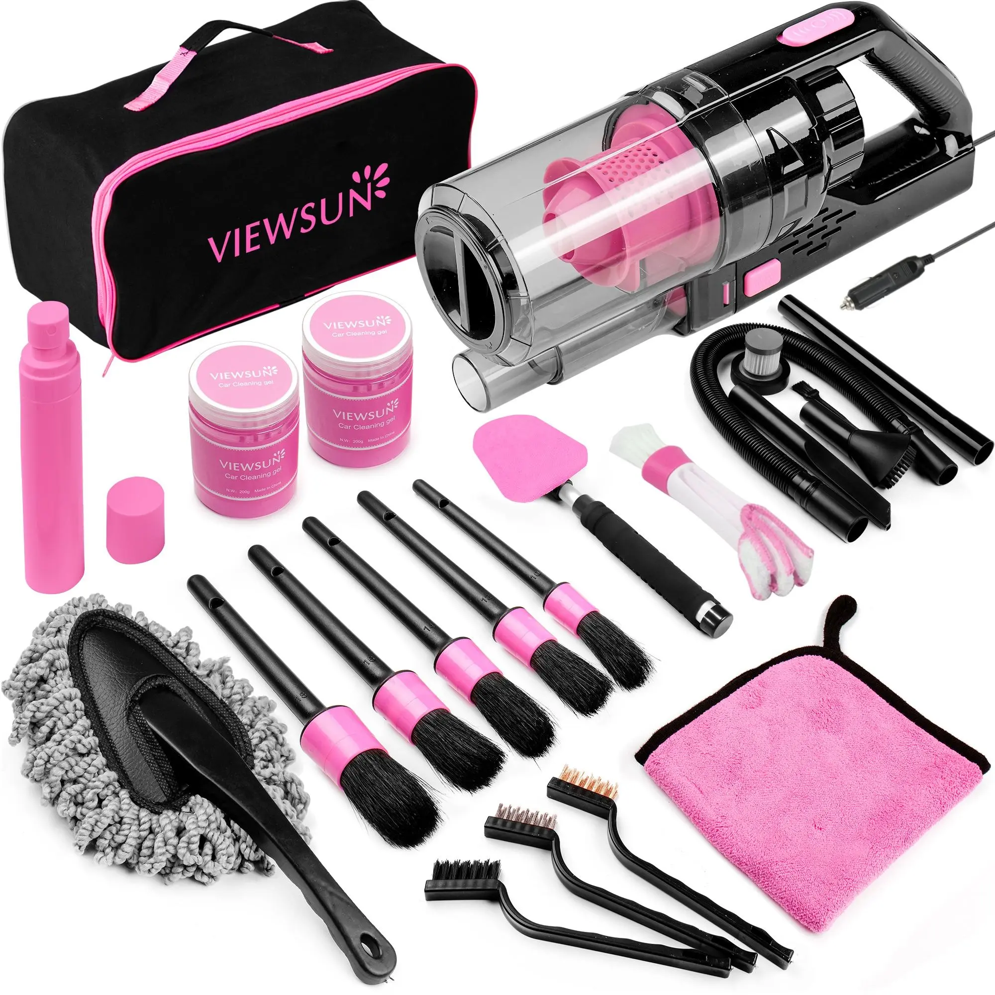 【TikTokShopBackToSchool】Viewsun 17pcs Car Cleaning Kit, Pink Car Interior Detailing Kit with High Power Handheld Vacuum, Detailing Brush Set, Windshield Cleaner, Cleaning Gel, Complete Auto Accessories for Women Gift，Summervibes