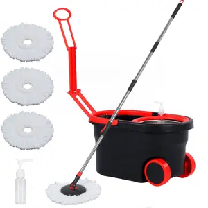 Spin Mop and Bucket with Wringer Set on Wheels, 360° Spinning Mop Bucket System for Floor Cleaning, Mop and Bucket Set with 3 Microfiber Mop Replacement Heads Refilles and 61" Stainless Steel Adjustable Handle Black & Red (25QT)