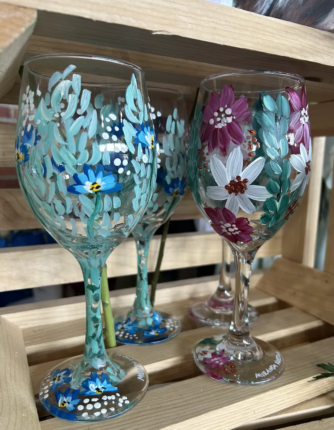 Custom Hand Painted Floral Set of Wine Glasses