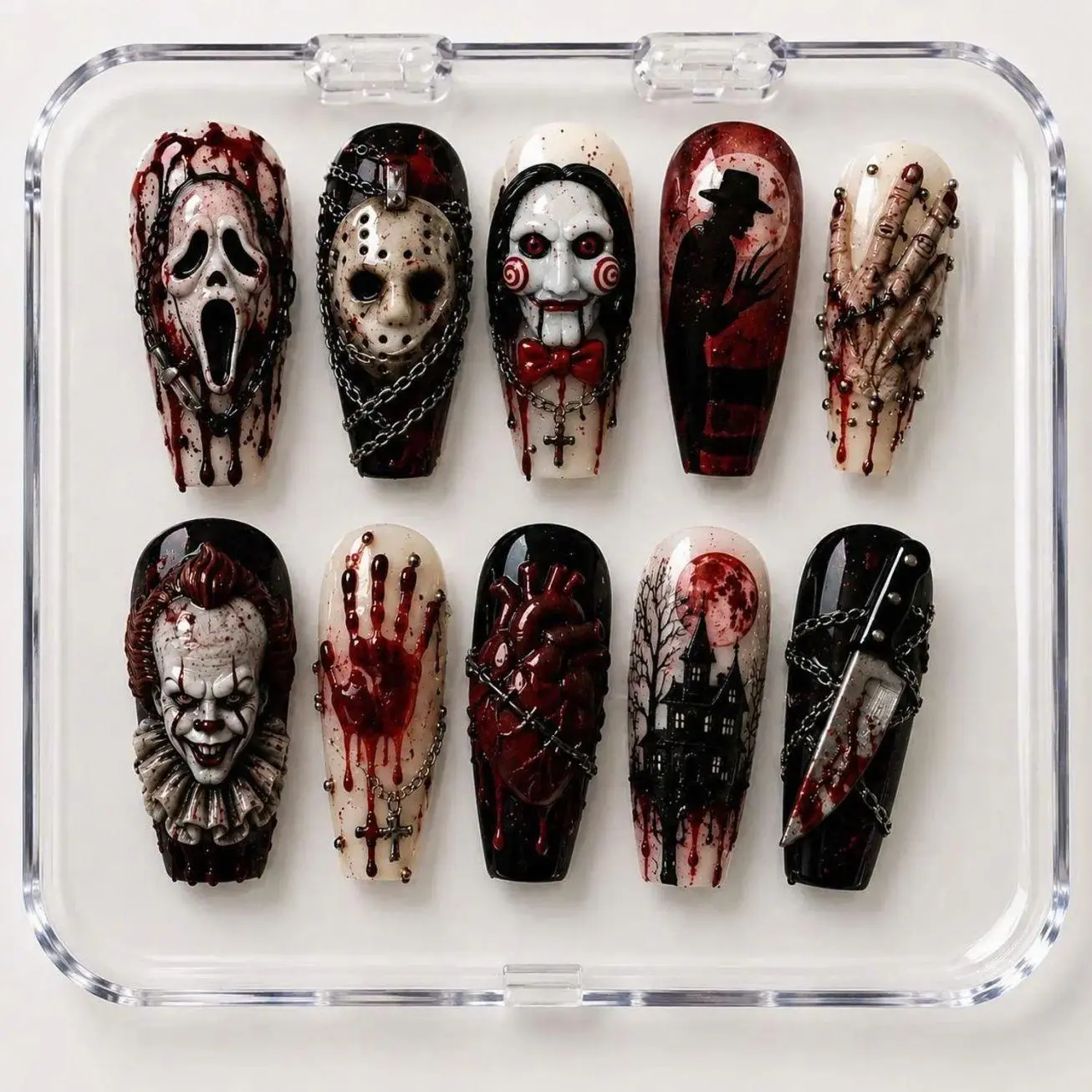 Horror Movie Inspired Press On Nails, Bloody Gothic 3D Nail Set, Scream Mask Clown Puppet Slasher Style, Red Black Halloween Fake Nails, Handmade Spooky Nail Art| Reusable Fake Nails with Free Adhesive Tabs Nail File & Cuticle Stick