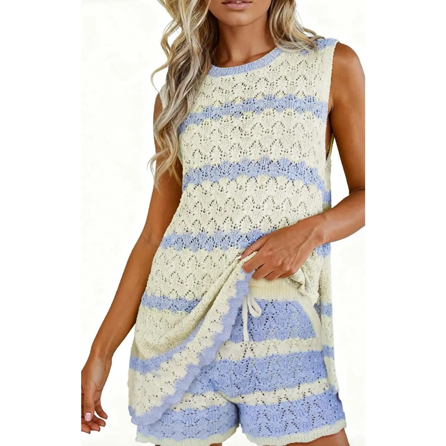 FISOEW Women's 2 Piece Crochet Knit Set, Bohemian Striped Lightweight Hollow Out Tank Top and Matching Shorts, Summer Beach Outfit, Suit, Fabric, Women's Fashion
