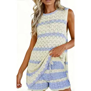 Fisoew Womens Striped Crochet Knit 2 Piece Set Sleeveless HollowOut Tank Top & Matching Shorts Breathable Beach Casual Outfit for Summer Vacation #SummerVibes