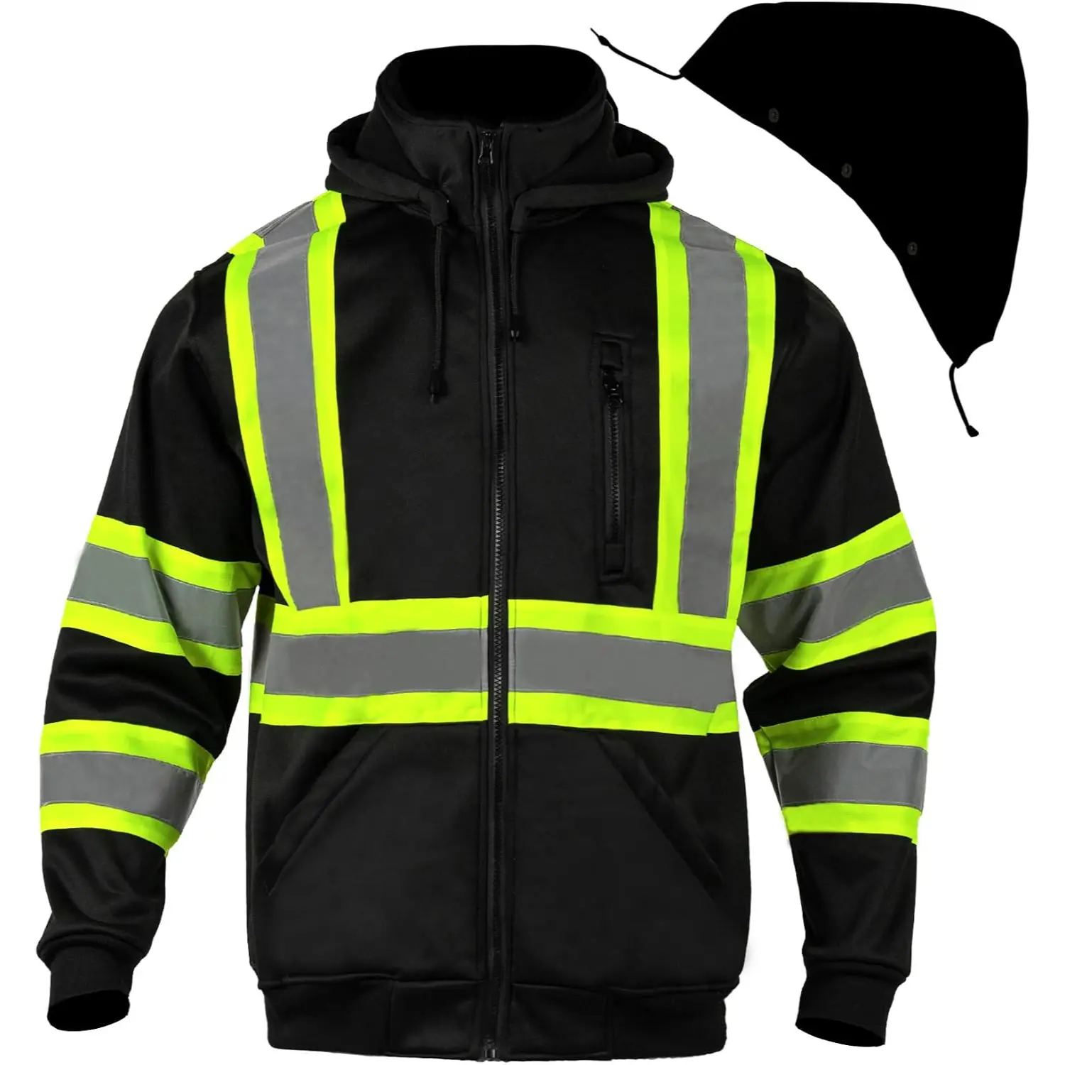 High Visibility Reflective Safety Hoodie for Men 280G Fleece Work Jacket with Detachable Hood Full Zip Front 3 Utility Pockets Warm Construction Jacket for Road Work Traffic Control Outdoor Jobs