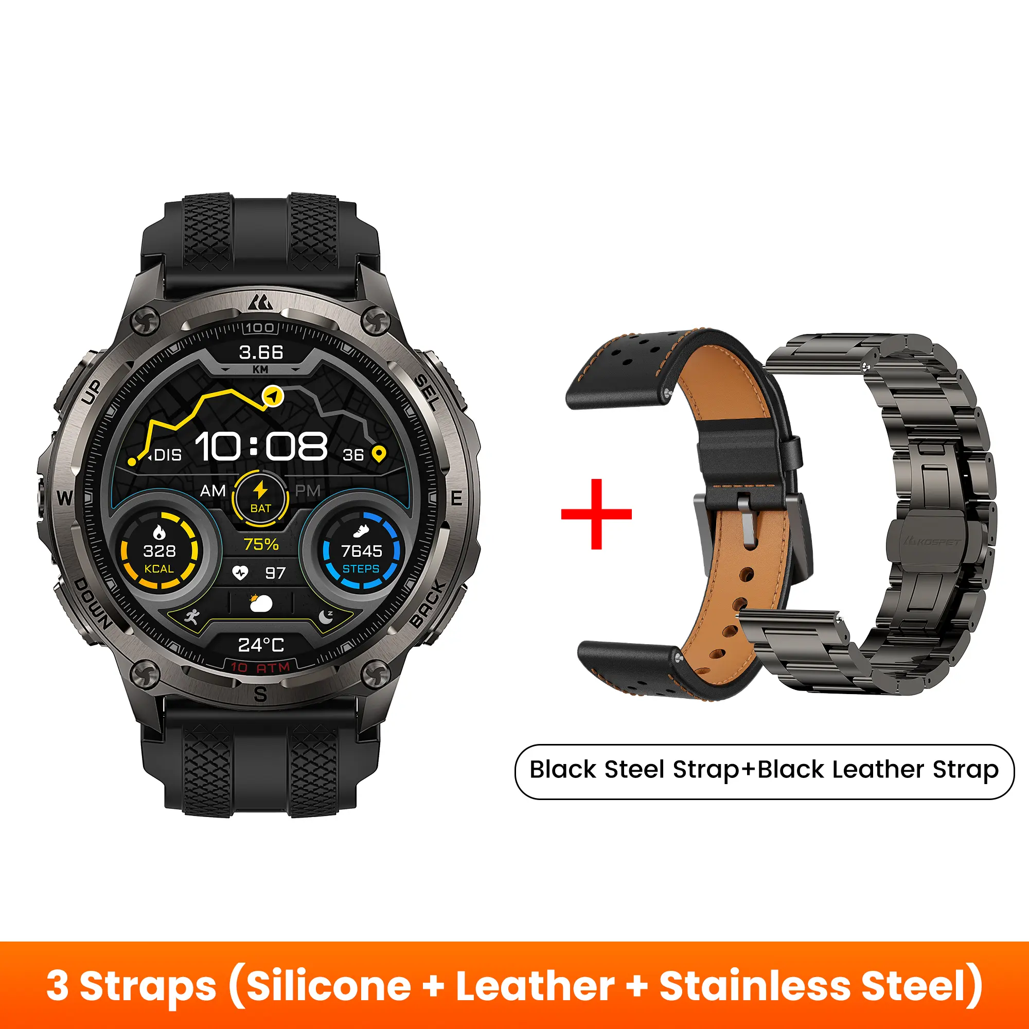 Silver+Stainless Steel+Leather Steel