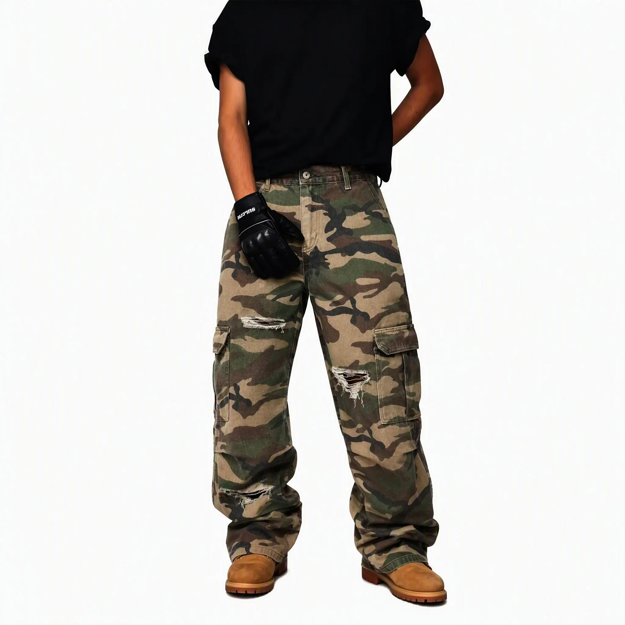 Men's Cotton Camouflage Cargo Denim Jeans - Oversized Loose Wide Leg, Ripped Distressed, Vintage Woodland Print, Street Style Patchwork, Drape Tactical Fabric, Straight Cutout, Summer Streetwear Bottoms with Pockets, Plate Storage, Top Compatibility, Carg