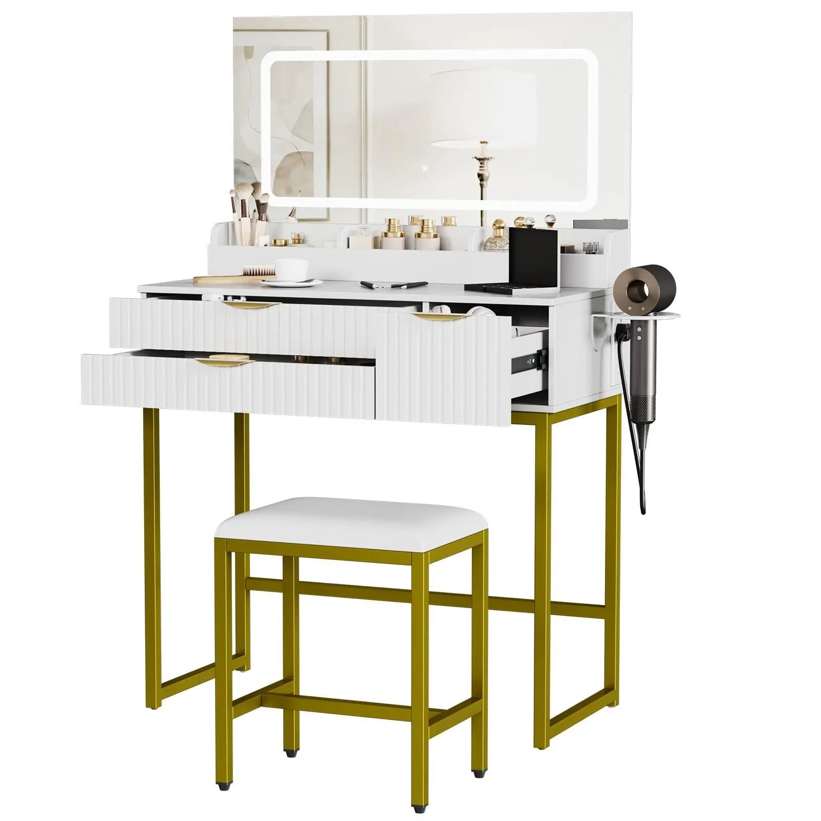Modern Glass Top Vanity Desk with LED Lighted Mirror, 3 Drawers, Shelves, Power Outlet, Hair Dryer Holder, Stool – Bedroom Dressing Table, Whiteboard & Gold Iron Frame