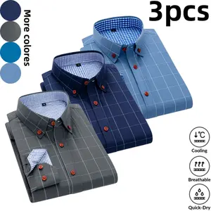 Three-piece plaid color-block men’s long-sleeve shirts in a business-casual style. Featuring a buttoned notched collar design for a sharp look, red buttons add refined details, and blue-and-white plaid lining provides visual depth. The long-sleeve fit is