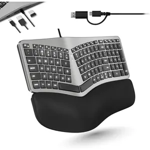 Wired  Keyboard for  - USB Hub, Backlit , Dual USB C + A Plug, Split Design, Padded Wrist Cushion - Compatible  Keyboard for MacBook Pro/Air, iMac, iPad - Space Gray