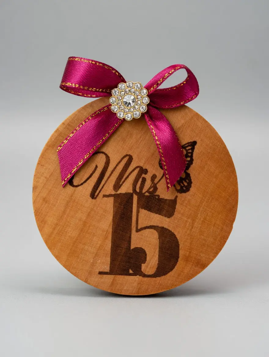 Set of 12 Personalized Wooden “Mis 15” Quinceañera Fridge Magnet & Bottle Opener Favor with Burgundy Ribbon