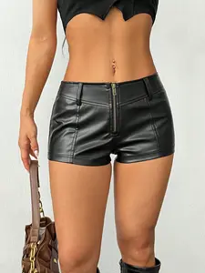 SHANIAH Women's Solid Color Zipper Front Casual Shorts, Micro Shorts Leather Short Crop Top For Women