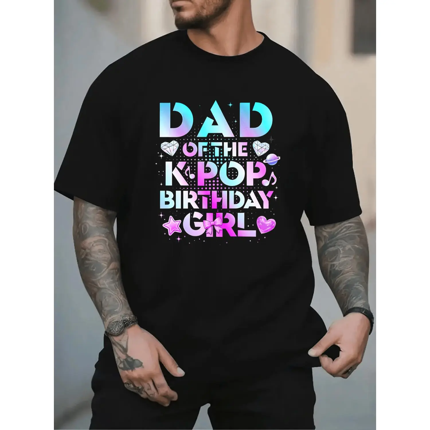 Men's Classic Graphic Tshirt, Funny 'Dad of the Kpop Birthday Girl' Vintage Print, Soft Cotton Short Sleeve Menswear, Streetwear, Shortsleeve, Top, Round Neck, Breathable, Graphic Print, Retro Look
