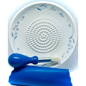 -in-  Ceramic Garlic Grater Plate 4- Set - Classic Flower Line  White Design - For Garlic, Ginger, , and ! - Comes with 5.25" Plate, Peeler, Brush, and Stand