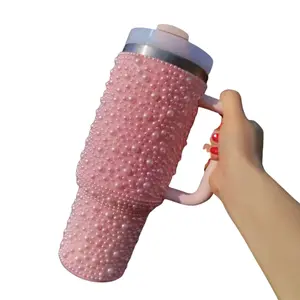 Plum Pearl Studded Tumbler 40oz Reusable Water Bottle with Handle & Lid Stylish and Durable Drinkware