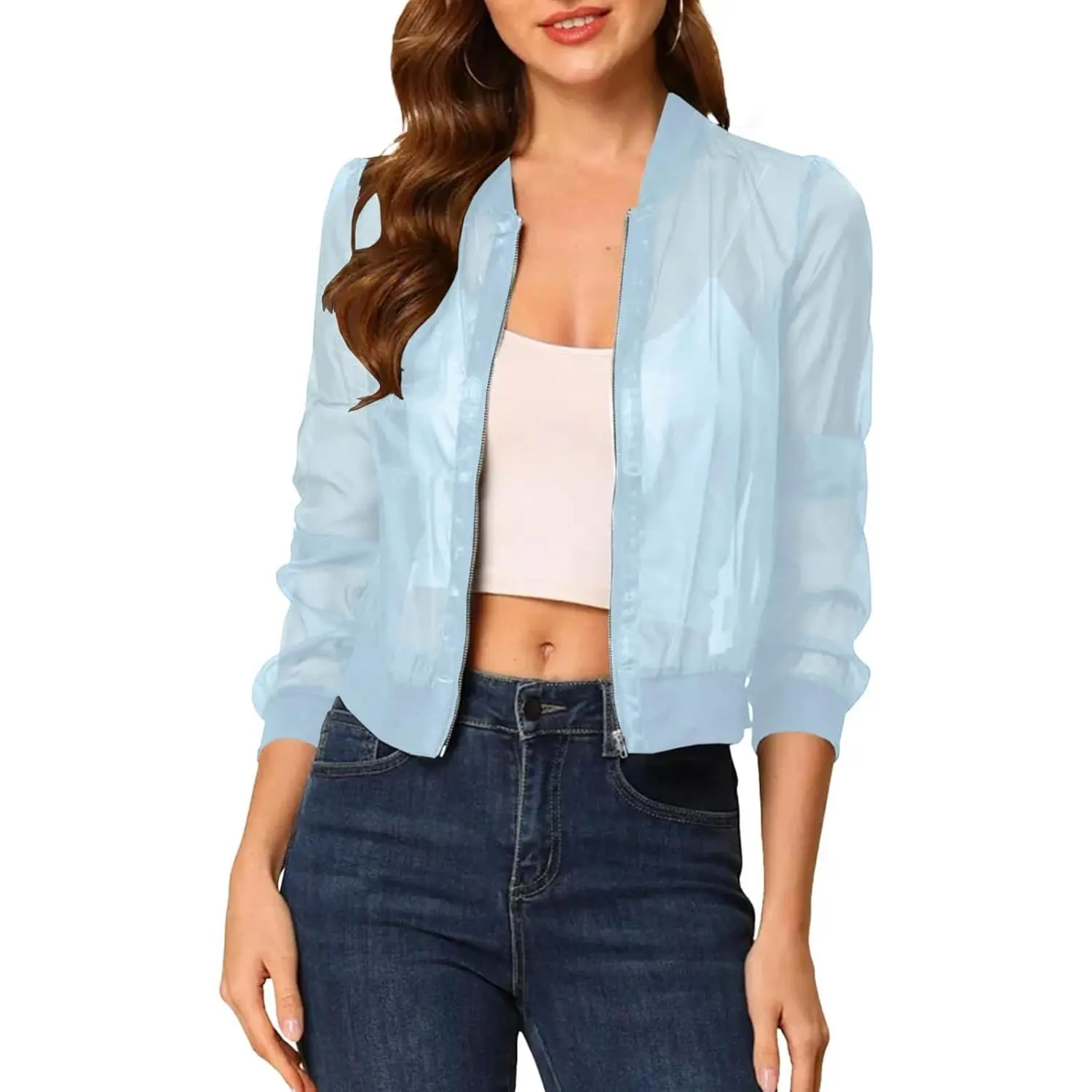 Lannew Women's Crop Mesh Sheer Bomber Jackets Lightweight Long Sleeve Zip Up Jacket Outwear