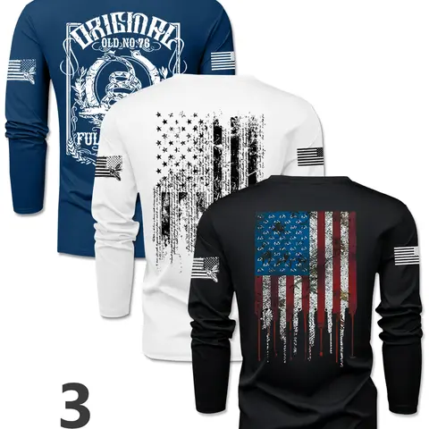 Men's 3-Piece Knit Flag Gradient Print Crew Neck Long Sleeve Knitwear T-Shirt Set, Daily Knitwear, Spring Outdoor Casual Pullover Tee, 3-Pack
