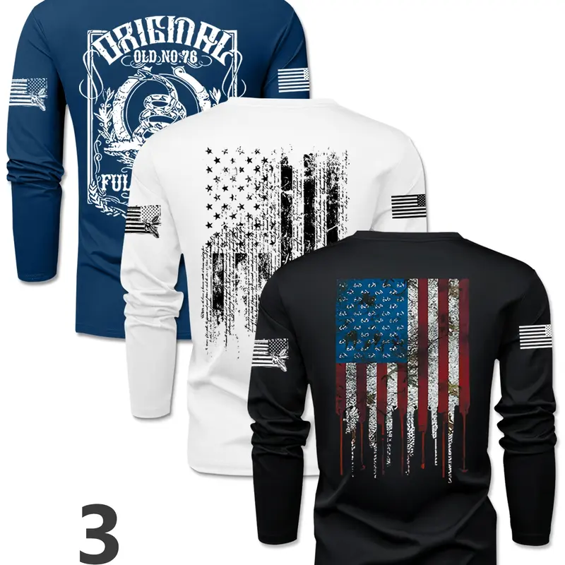 Men's 3-Piece Knit Flag Gradient Print Crew Neck Long Sleeve Knitwear T-Shirt Set, Daily Knitwear, Spring Outdoor Casual Pullover Tee, 3-Pack