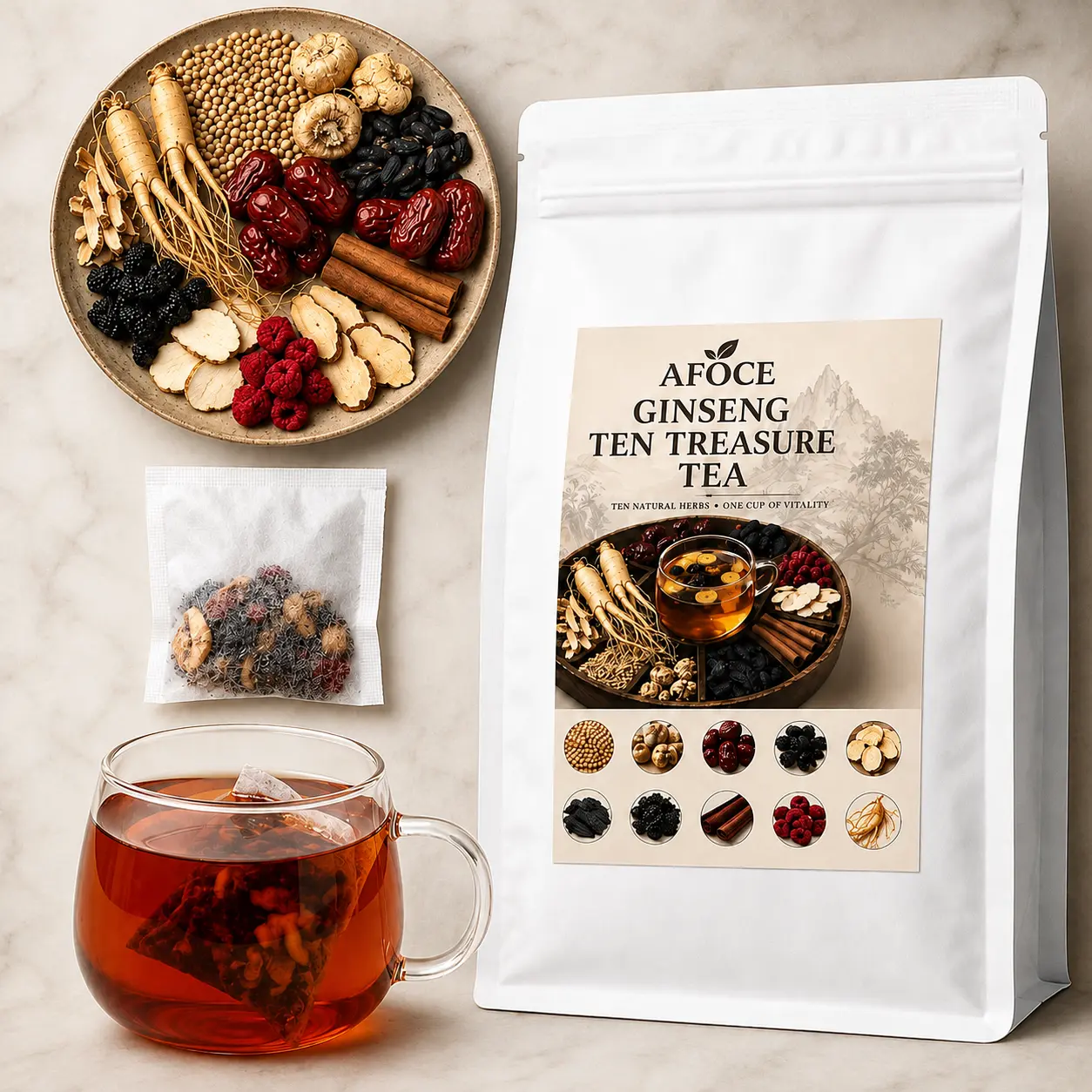 AFOCE 10-Treasure Ginseng Herbal Tea Bags, 30-Count 210g, Caffeine-Free with Maca, Red Date, Mulberry, Black Goji Berry, Adult Leisure Herbal Tea