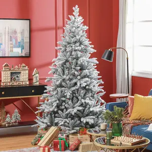 7ft Artificial Flocked Christmas Tree with Snow Tips Easy Assembly Hinged Design Metal Base for Living Room Corner Fireplace Holiday Decor