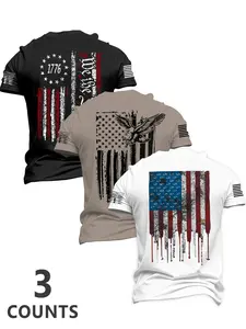 Men's Flag Series Short Sleeve Fitted Casual T-Shirt Set, American Vintage Street Style, Patriotic Symbols, Daily Wear, Outdoor Activities