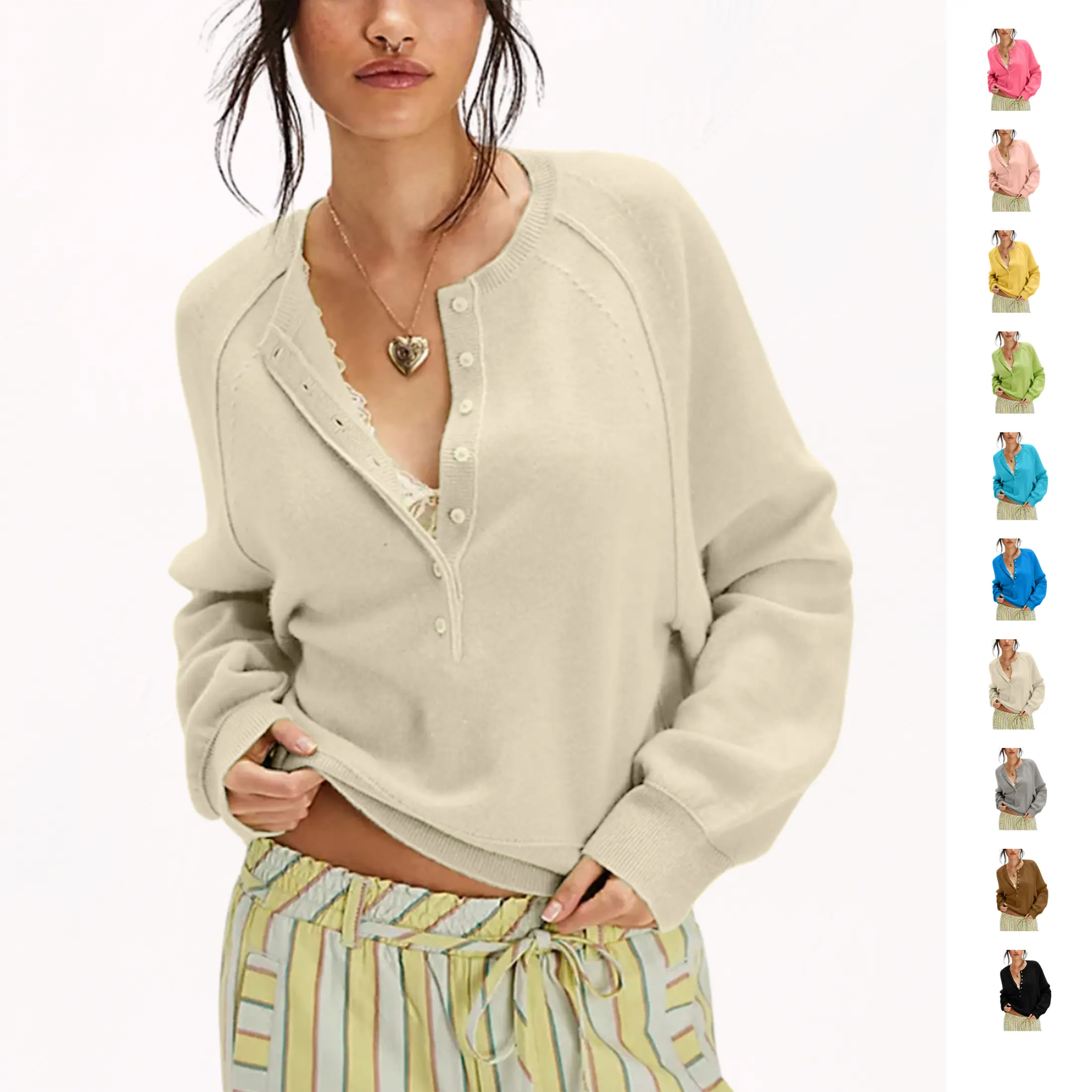 Mibbory Knit Pullover Sweater for Women Long Sleeve Half Button Up Henley Neckline Cozy Soft Lightweight Casual Loose Drop Shoulder Fit Tops 2026 Fall Winter Trendy Work Daily Outfits Fashion Clothing