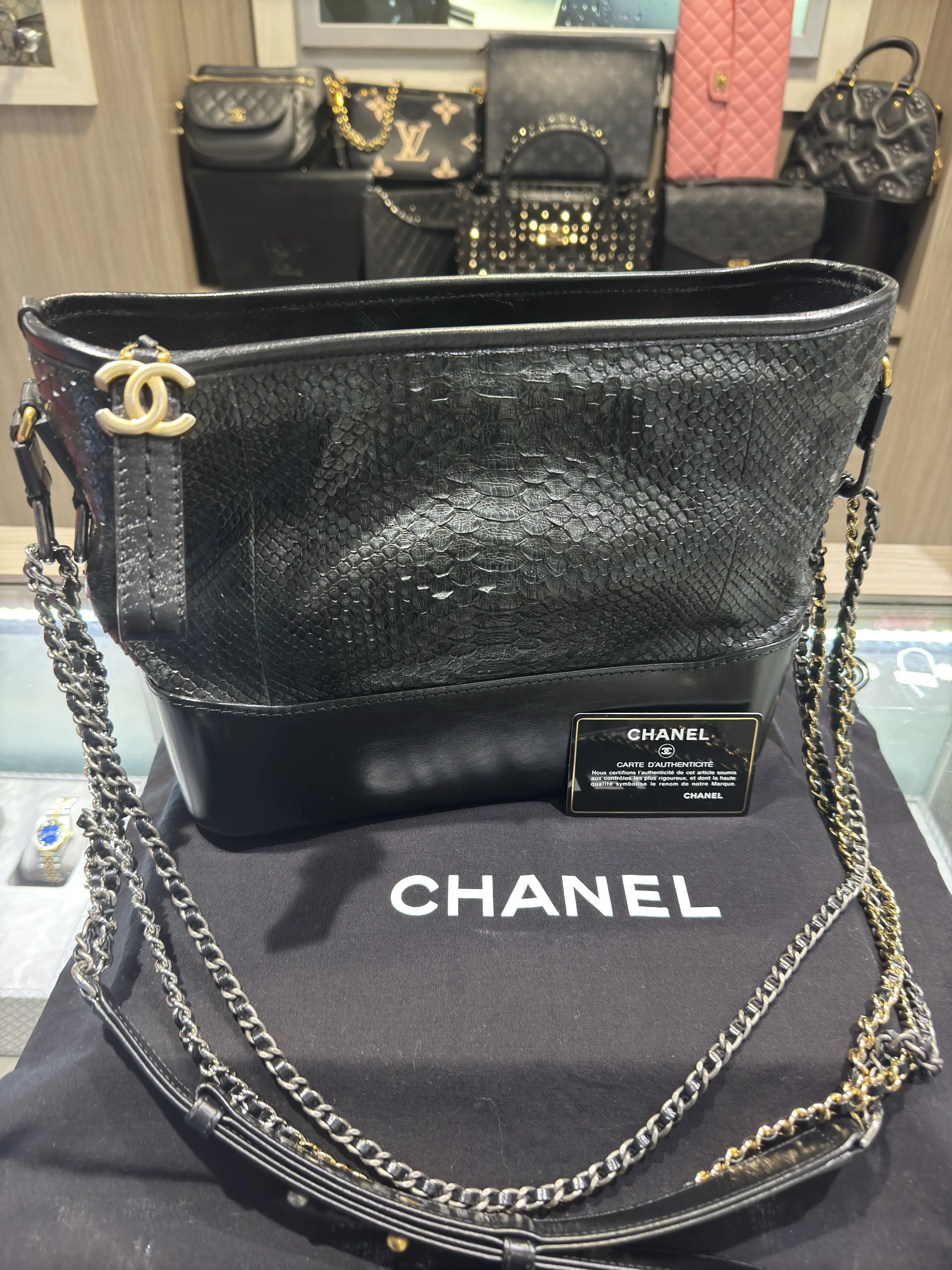 Pre-owned CHANEL Snakeskin & Leather Shoulder Bags Gabrielle Small Black Snakeskin (2017 2018)