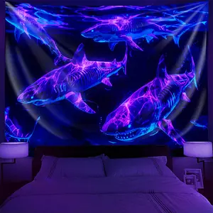UV Reactive Fluorescent Shark Tapestry - Mysterious Neon Sea Scene Wall Hanging, Polyester, Horizontal Orientation, Shark Party Decorations, Landscape Style, Many Fierce Sharks