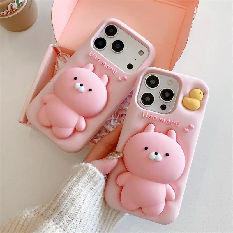 Phone case Cover Casing Accessories suitable for iPhone Cute | Pink Bracket Rabbit | Cartoon Silicone Protective Protection | Best Friend Gift | 12 13 14 15 16 17 Pro Max