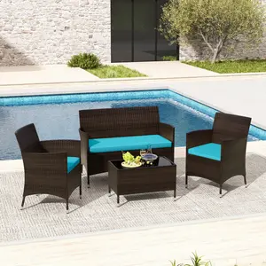 COSTWAY 3/4 Piece Patio Rattan Conversation Set, Outdoor Wicker Furniture Set with Chair, Loveseat & Tempered Glass Table, Cozy Seat Cushions, Outside Sectional Sofa Set for Backyard, Porch-COSTST